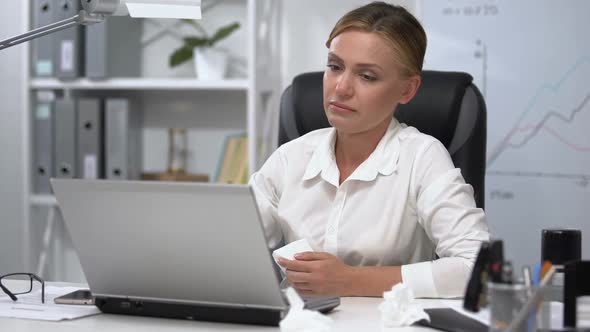 Office Woman With Napkin in Her Hands Sneezing, Lacrimation, Allergic Rhinitis