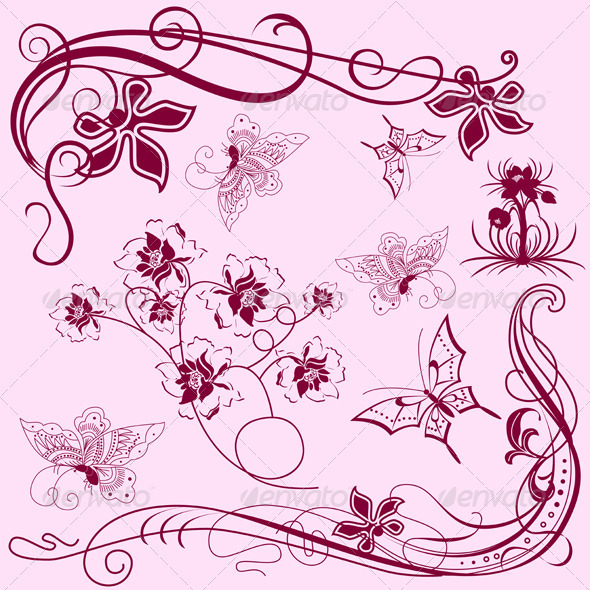 Vintage design elements with butterflies - Decorative Symbols Decorative