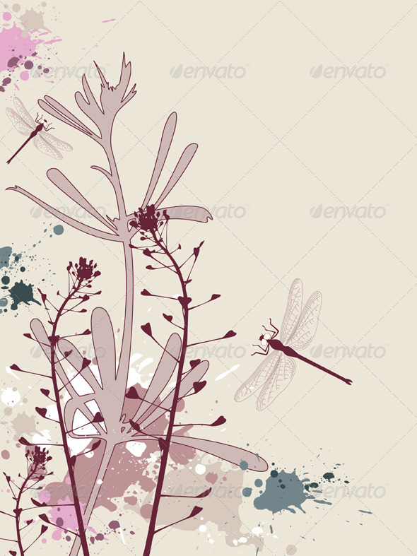 Grunge Background with Flowers and Dragonfly - Flowers & Plants Nature