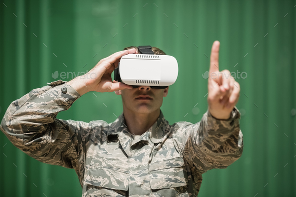 Military soldier using virtual reality headset