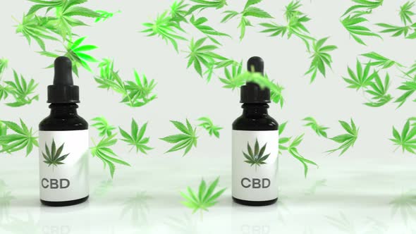 Seamless Loop of A lot of CBD oil bottles with marijuana or cannabis oil leafs in between. White bra alt