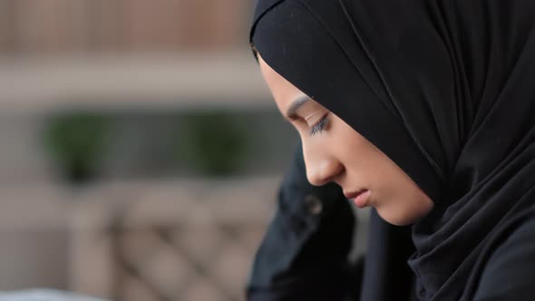 Closeup Face Depressed Saudi Woman Suffering Headache Stress Head Pain alt