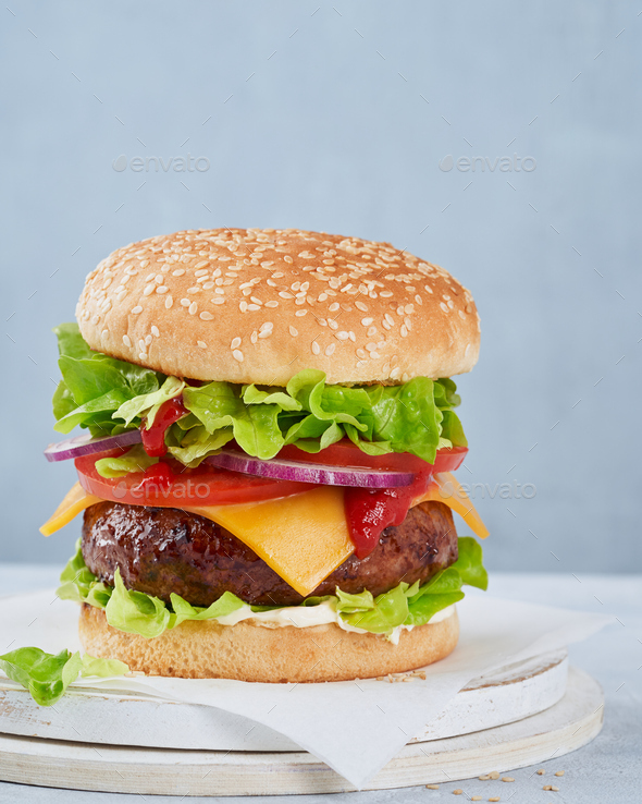 Burger, Cheeseburger, Hamburger, close up on a light blue background, copy space. Fast food.