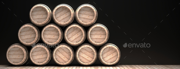 Wine barrels stack on wooden floor, black background. 3d illustration - Stock Photo - Images