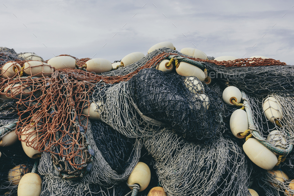 Pile commercial fish nets and gill nets, Fishermen\'s Terminal, Seattle, Washington
