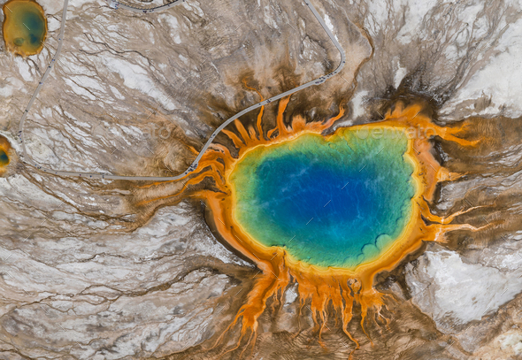 Aerial view of Grand Prismatic Spring, Midway Geyser Basin, Yellowstone National Park, Wyoming, USA.