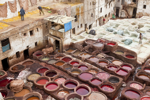 High angle view over medieval, traditional North African tannery.
