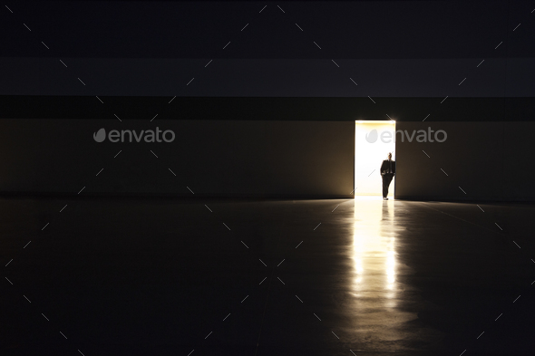 A Man In Silhouette Standing In The Doorway Of A Large Convention Center Arena Stock Photo By Mint Images