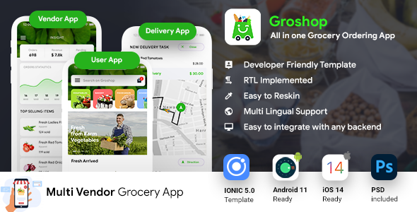 Grocery Ordering Android App Template + Ecommerce iOS App Template (HTML + CSS) (IONIC 5) | Groshop