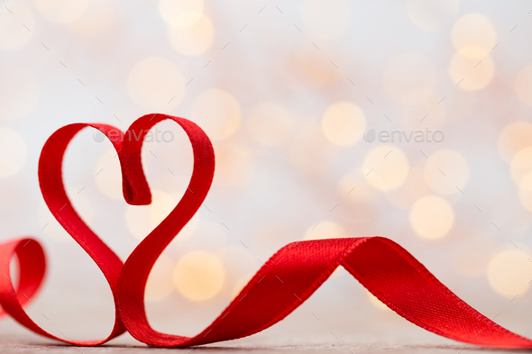 Red Heart With Ribbon. Valentines Day Background. Stock Photo