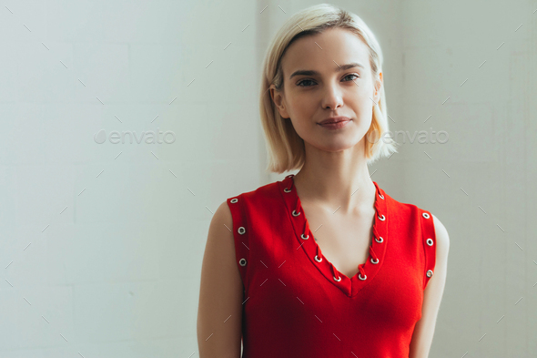 Nice Woman In Red Dress Blonde Short Hair Fashion Female Portrait Cute