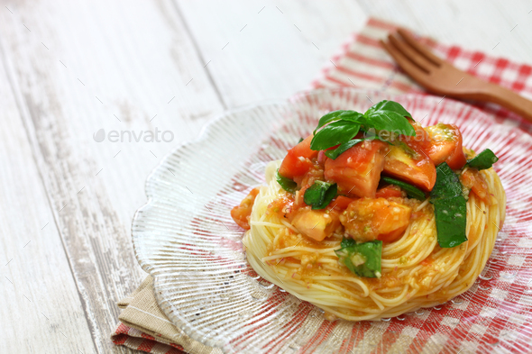 summertime chilled style, capellini pasta with fresh tomatoes and basil