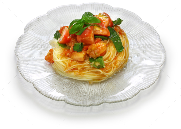 summertime chilled style, capellini pasta with fresh tomatoes and basil