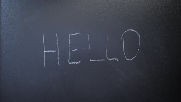 Man writing word hello on chalkboard. Hello word written on blackboard with white chalk alt