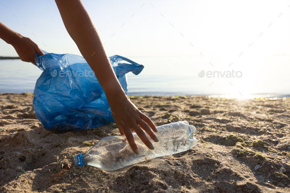 Volunteer Picking Up Wasted Plastic Bottle Cleaning The Beach Outdoor