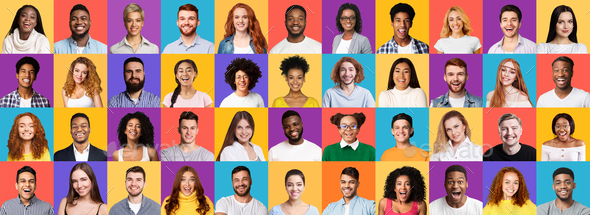 Collection Of Different Joyful Millennials Portraits On Colored Backgrounds, Panorama - Stock Photo - Images