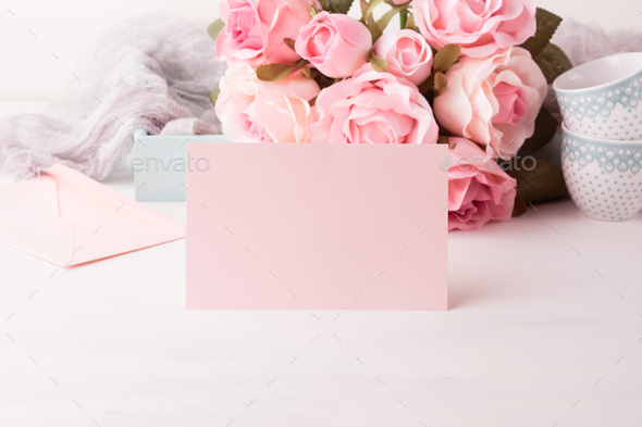 Blank paper pink card Valentine's day and roses invitation Stock Photo by  tenkende