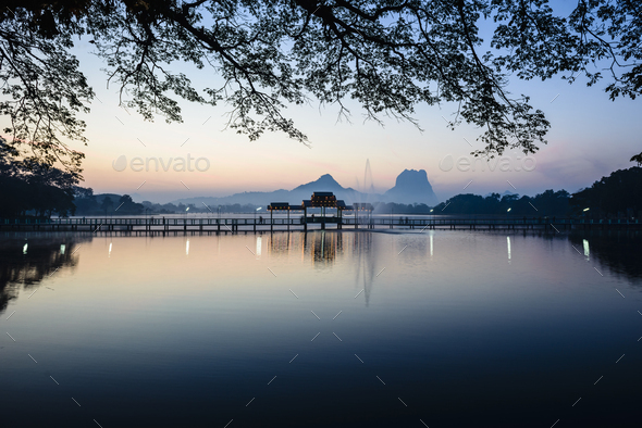 55065,Sunrise over mountains and lake, Hp-Aan, Kayin, Myanmar - Stock Photo - Images