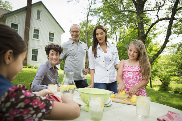 A summer family gathering at a farm. A girl slicing and juicing lemons to make lemonade.