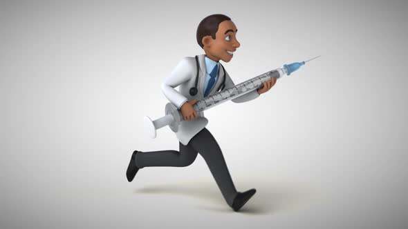 Fun 3D cartoon doctor running with a syringe alt