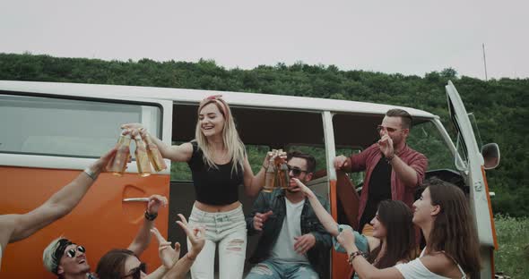 Closeup a Young Lady Taking Lots Bottles of Beer alt