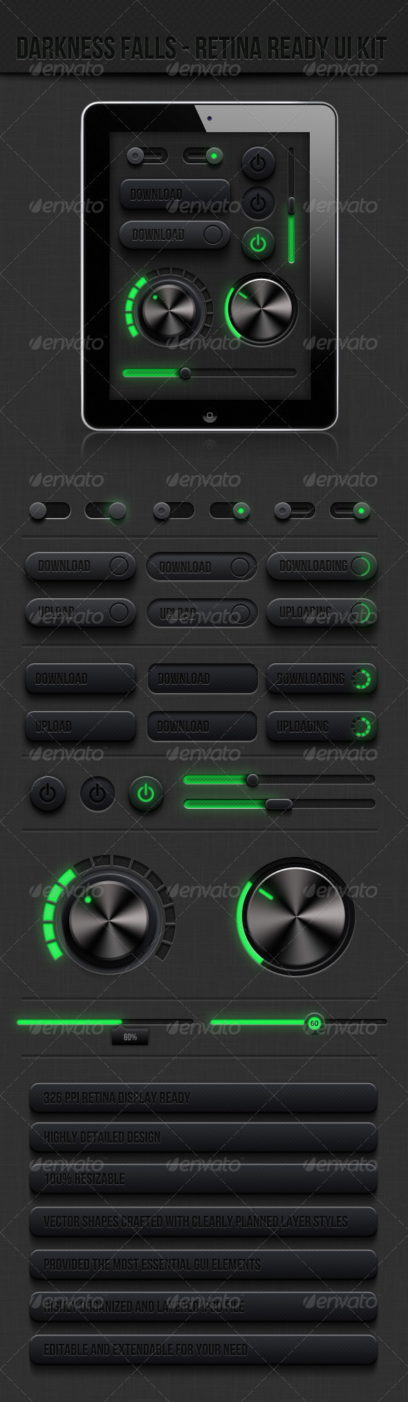 Retina Ready Dark Ui Kit - Darkness Falls Retina - User Interfaces Web Elements