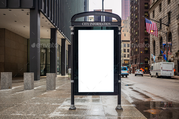 Placeit - Blank billboard at bus stop mockup template for advertising, Chicago city buildings
