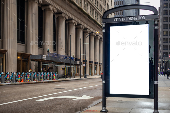 Placeit - Blank billboard at bus stop mockup template for advertising, Chicago city buildings
