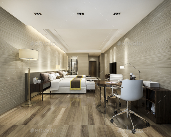 3d Rendering Luxury Bedroom Suite In, High Rise Twin Bed