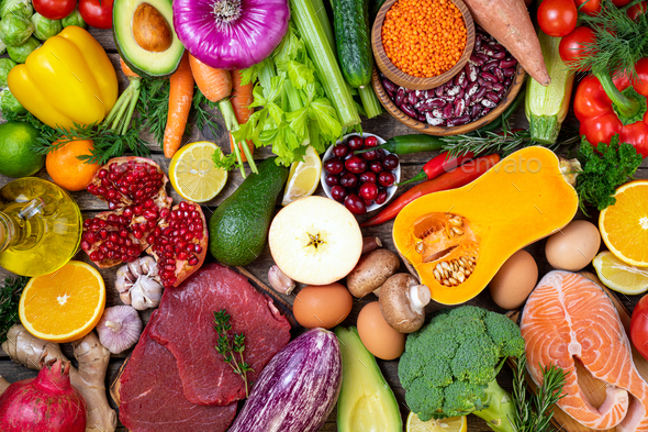 Background Healthy Food Vegetables, Fruits, Meat and Fish on table ...