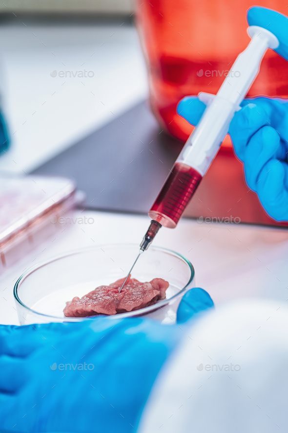 Scientist Injecting Growth Hormone into a Meat Sample
