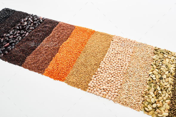 Assorted Black Beans, Rice, Quinoa, Buckwheat, Chickpea, Pumpkin Seeds And Red Lentil Isolated