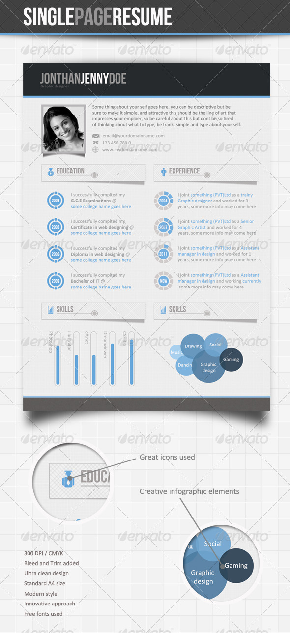 Clean Blue - Single Page Resume Template - Resumes Stationery