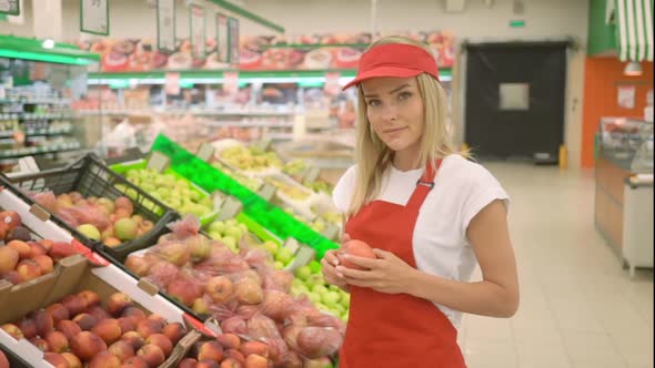 Supermarket Saleswoman in Red Uniform 