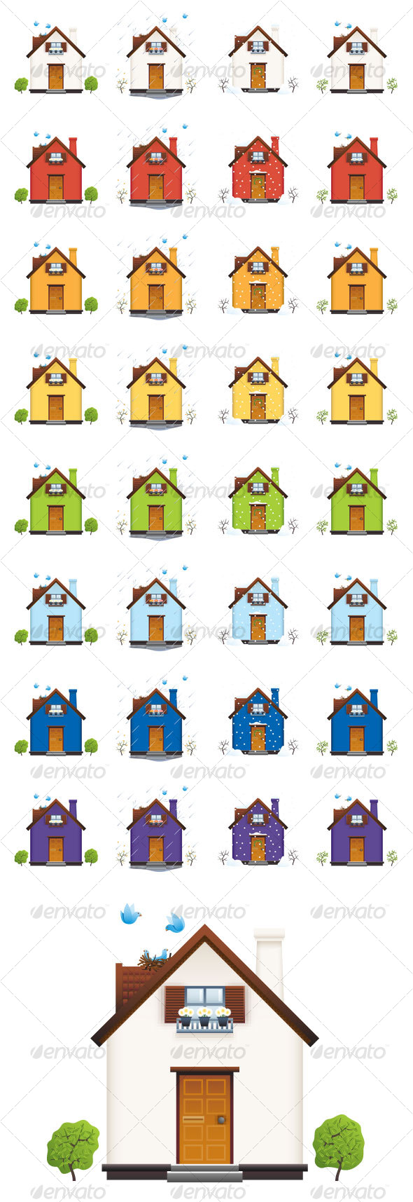 Colorful Houses in Four Seasons Icon Set - Buildings Objects