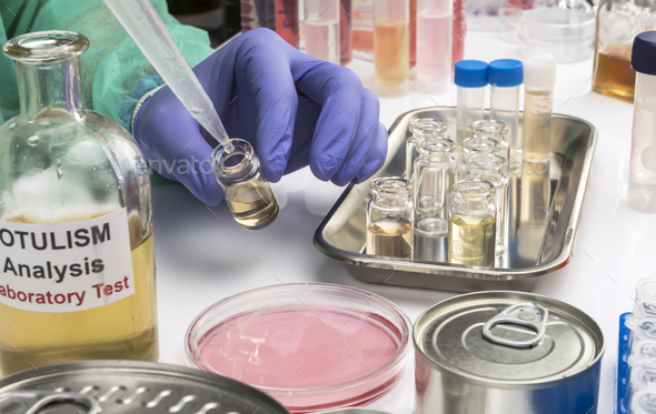 Experienced laboratory scientist analyzing a sample from a canned food can - Stock Photo - Images