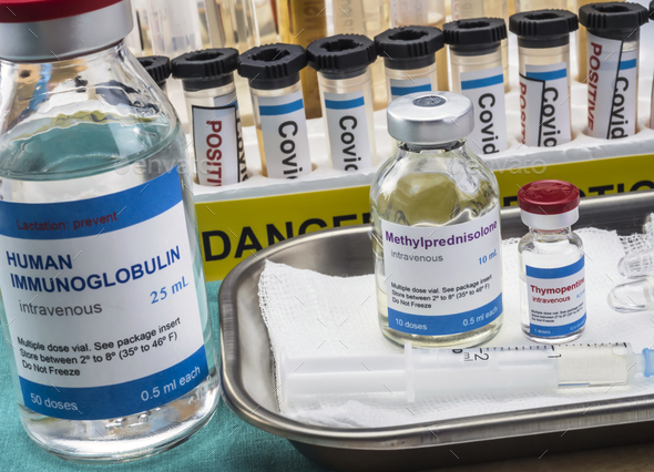 Diverse medication prepared to treat Kawasaki disease - Stock Photo - Images