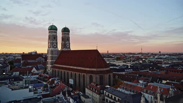 Real Time Establishing Shot of Church of Our Lady and Old Town During Sunset Munich Germany