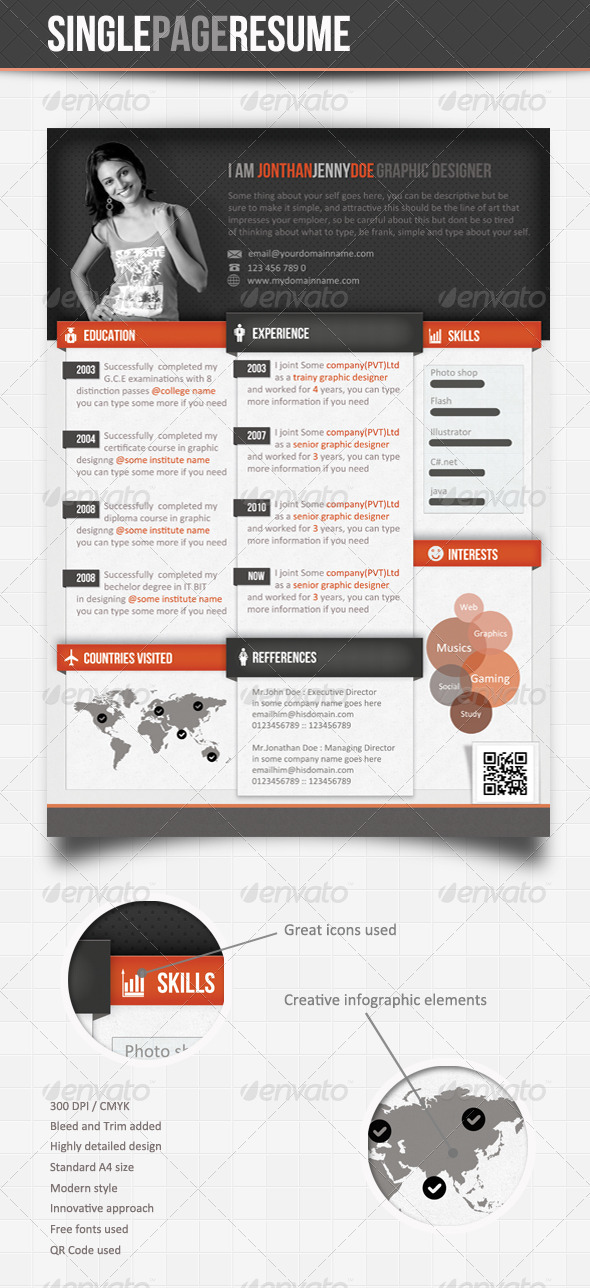Info-graphic Single Page Resume - Resumes Stationery