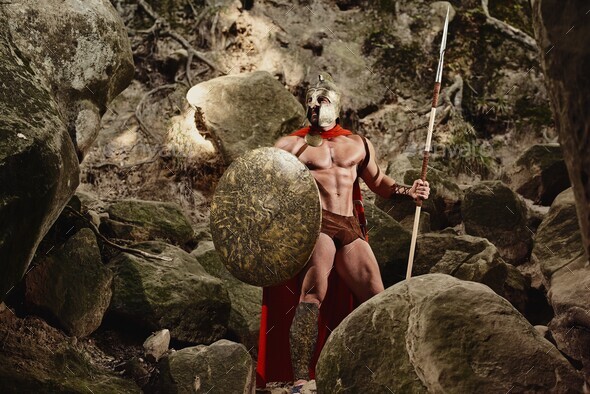 Muscular warrior in gladiator armor