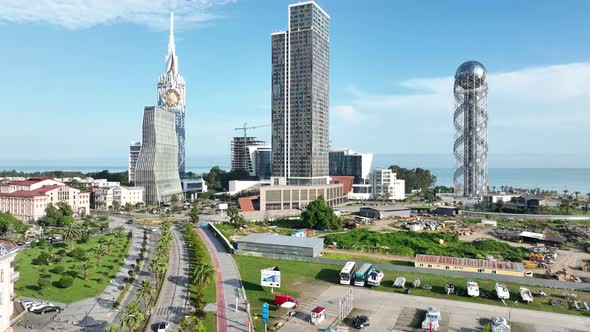 Aerial shot of modern buildings in downtown of Batumi. Cityscape of Batumi city, Georgia 2022 alt