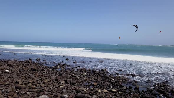 Aerial View Young Man Kitesurfing in Tropical Blue Ocean, Extreme Sport