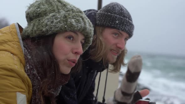 Portrait of Smiling Adorable People Man and Woman 20s Spending Time Together Near Seaside and alt