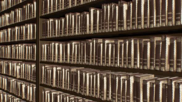 Endless Bookshelf of Wall of Books in Old Antique Brown Library Aisle - 4K alt
