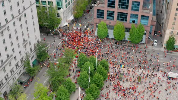 Aerial View of the Cancel Canada Day Protest as Native People March in Downtown Vancouver BC Canada alt
