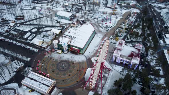 Wintery Central Park, Ferris wheel, aerial Kharkiv