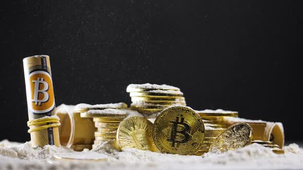 Cryptocurrency Coins and Cash Covered with Powder alt
