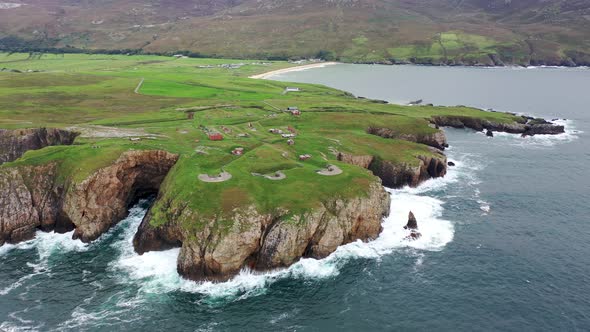 Aerial View of the Ruins of Lenan Head Fort at the North Coast of County Donegal Ireland alt