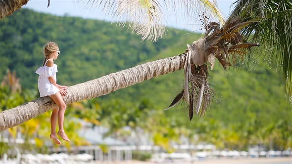 Back View of Adorable Little Girl at Tropical Beach Sitting on Palm Tree During Summer Vacation alt