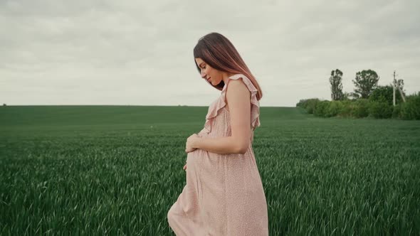 Young pregnant woman with flowing hair in a pink summer dress walks in a green field with wheat. 